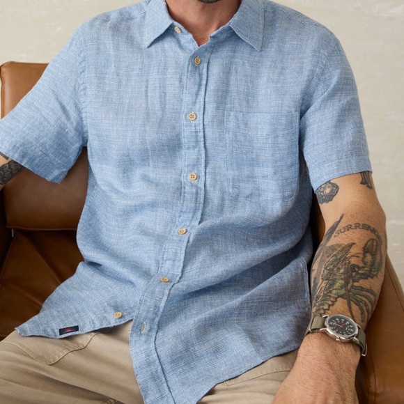 Faherty Short Sleeve Palma Linen Shirt Blue Basketweave XL - Picture 6 of 6